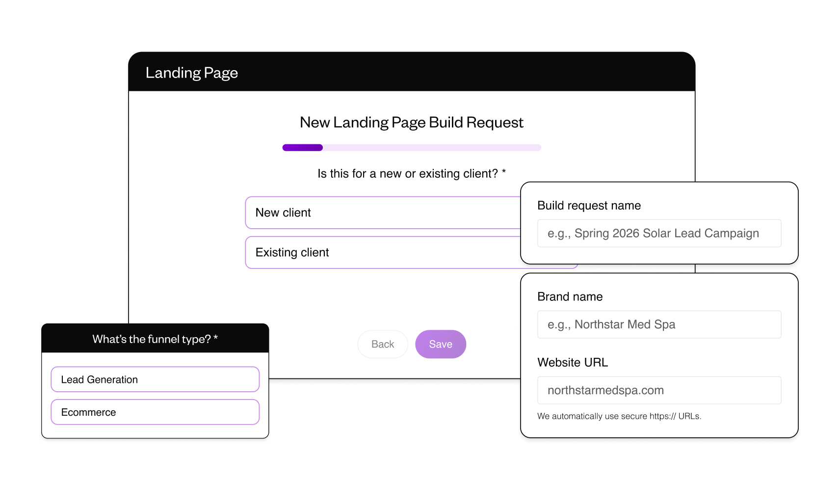 Landing page request intake
